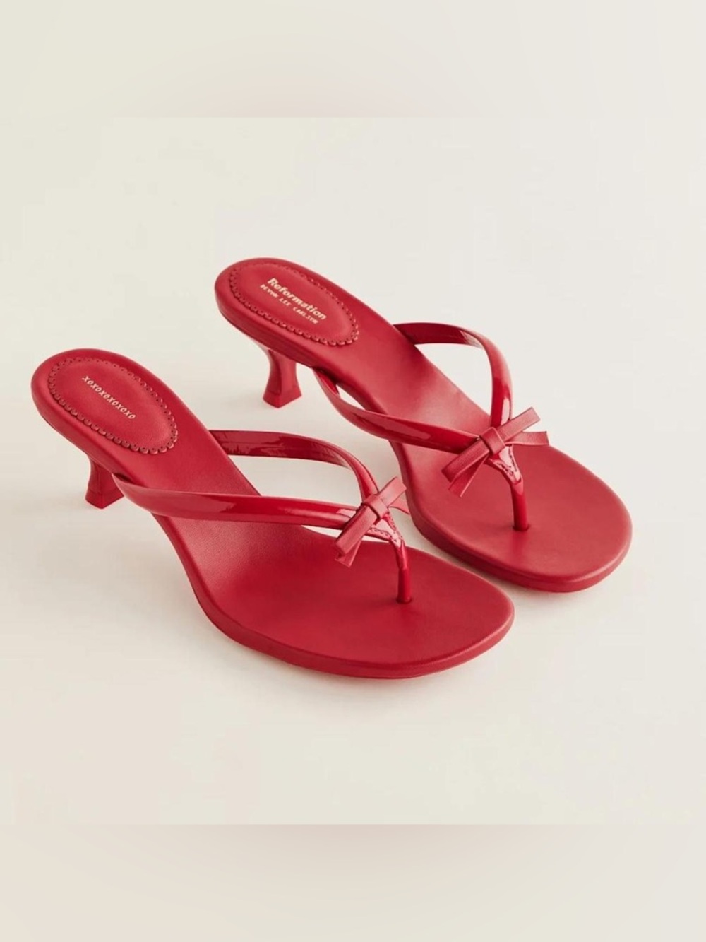 Reformation X Devon Lee Carlson Louisa Red Bow Kitten-Heel Thong Sandals